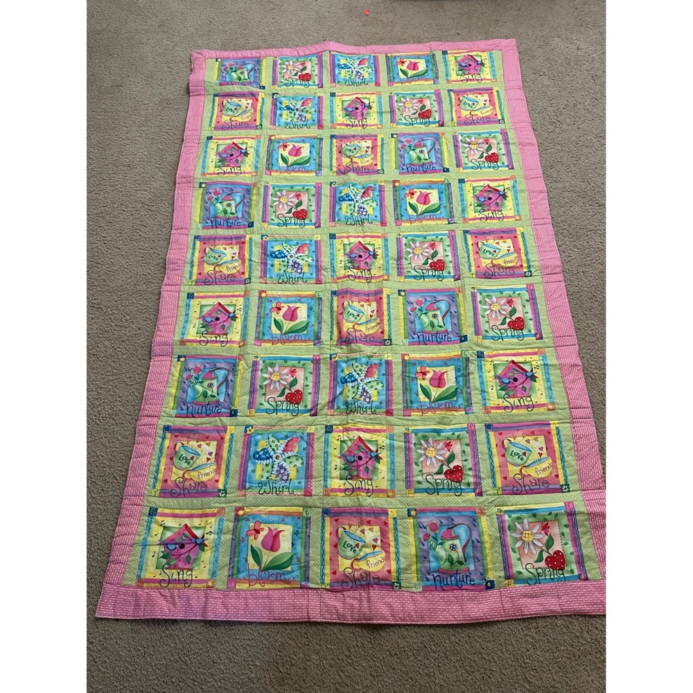 Handmade Spring Patchwork Quilt Blanket Pink Polka Dot Border Floral Birdhouse
